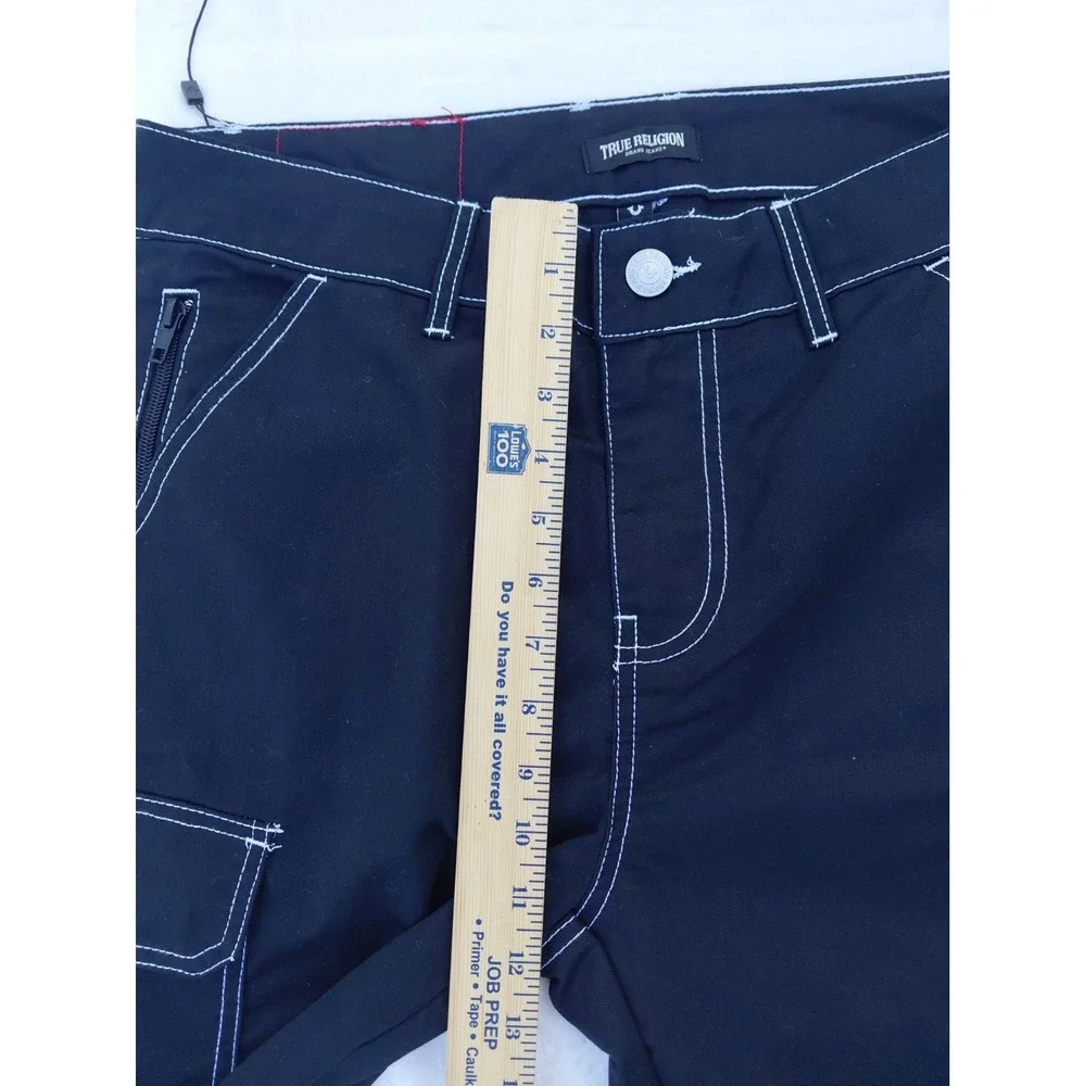 New True Religion Men's Black Denim Cargo Shorts Contrast Stitch Zip Baggy Skate